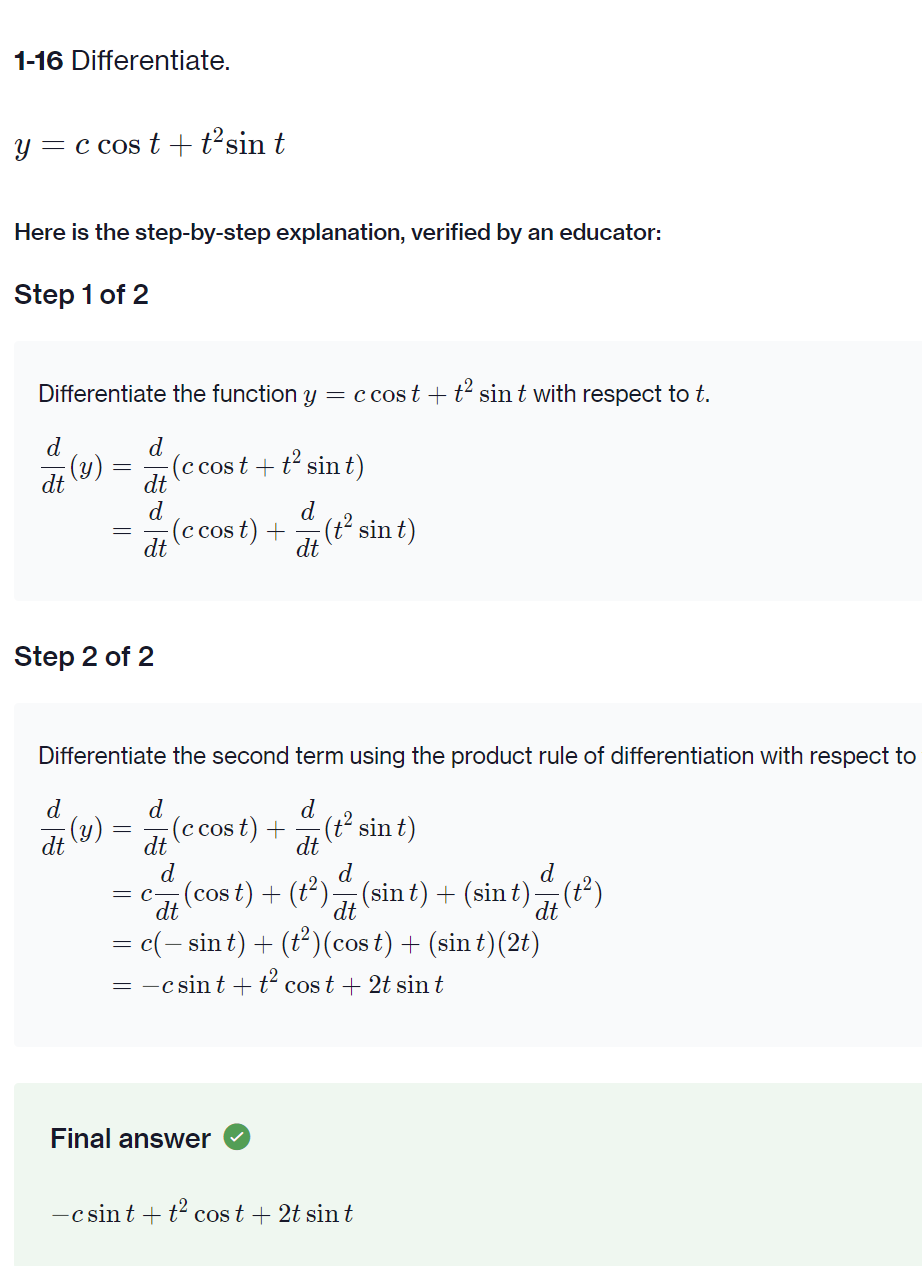 1-16 Differentiate. y = c cost + t'sin t Here is