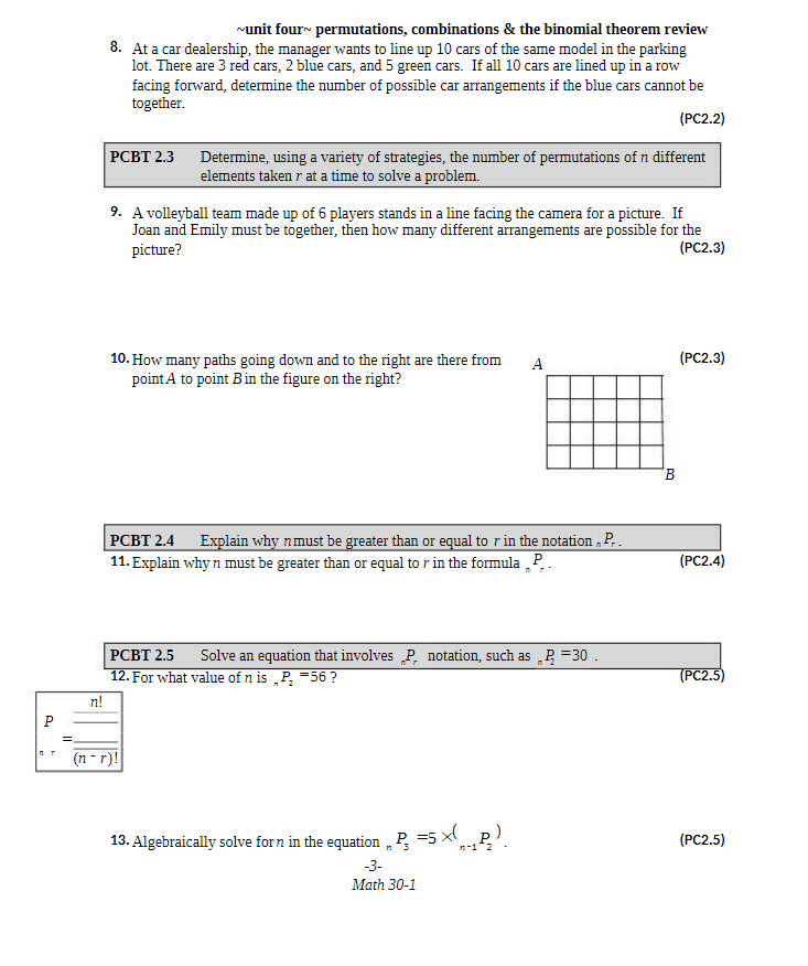 ~unit four~ permutations, combinations 8: the binomial theorem review 8- At