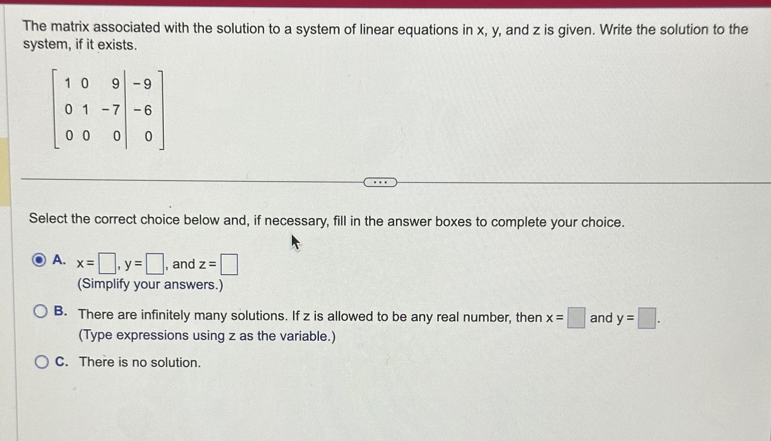 Please help! The matrix associated with the solution to a system