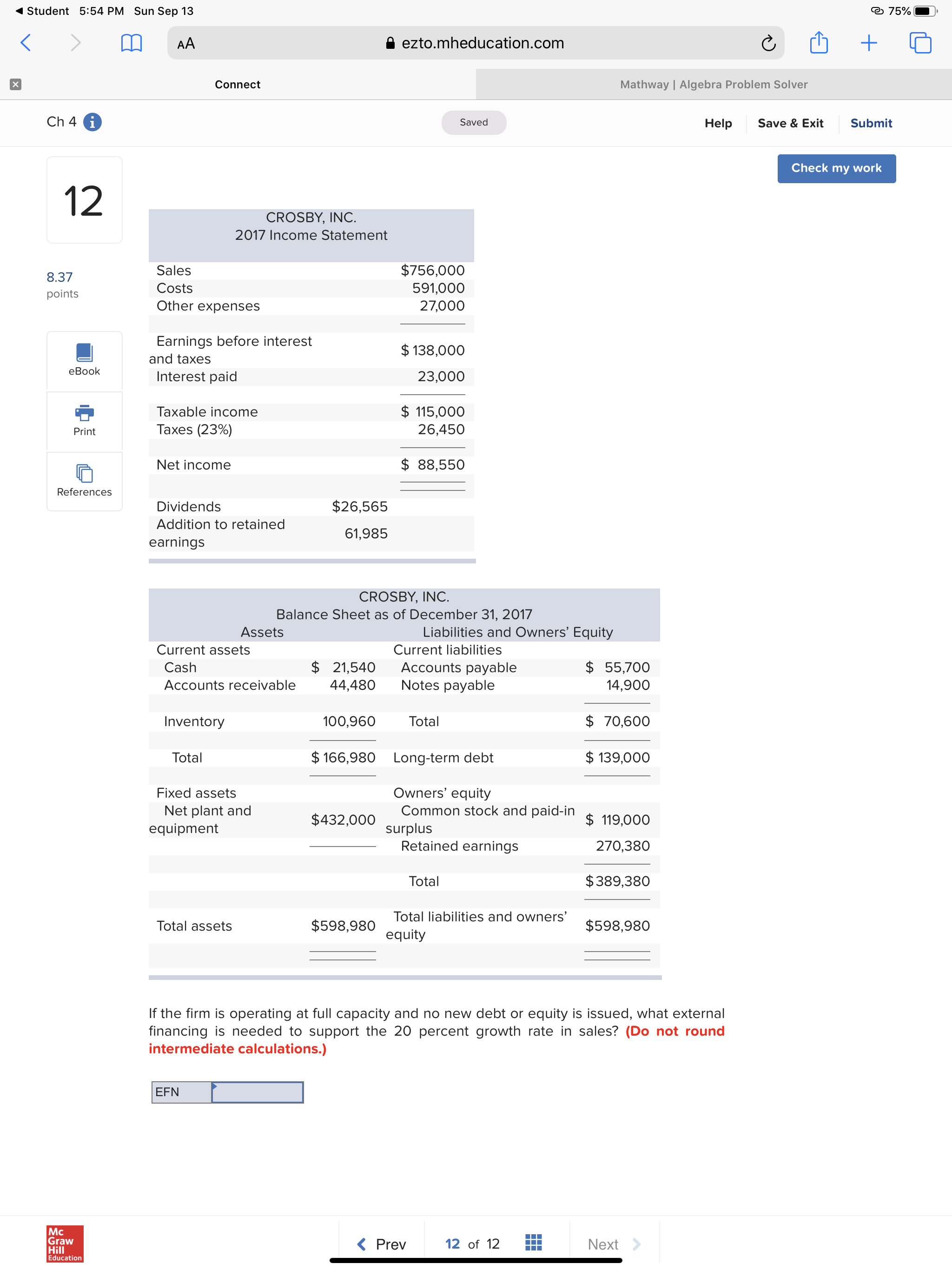< Student 5:54 PM Sun sep 13 of 12 ezto.mheducation.com Saved $756,000