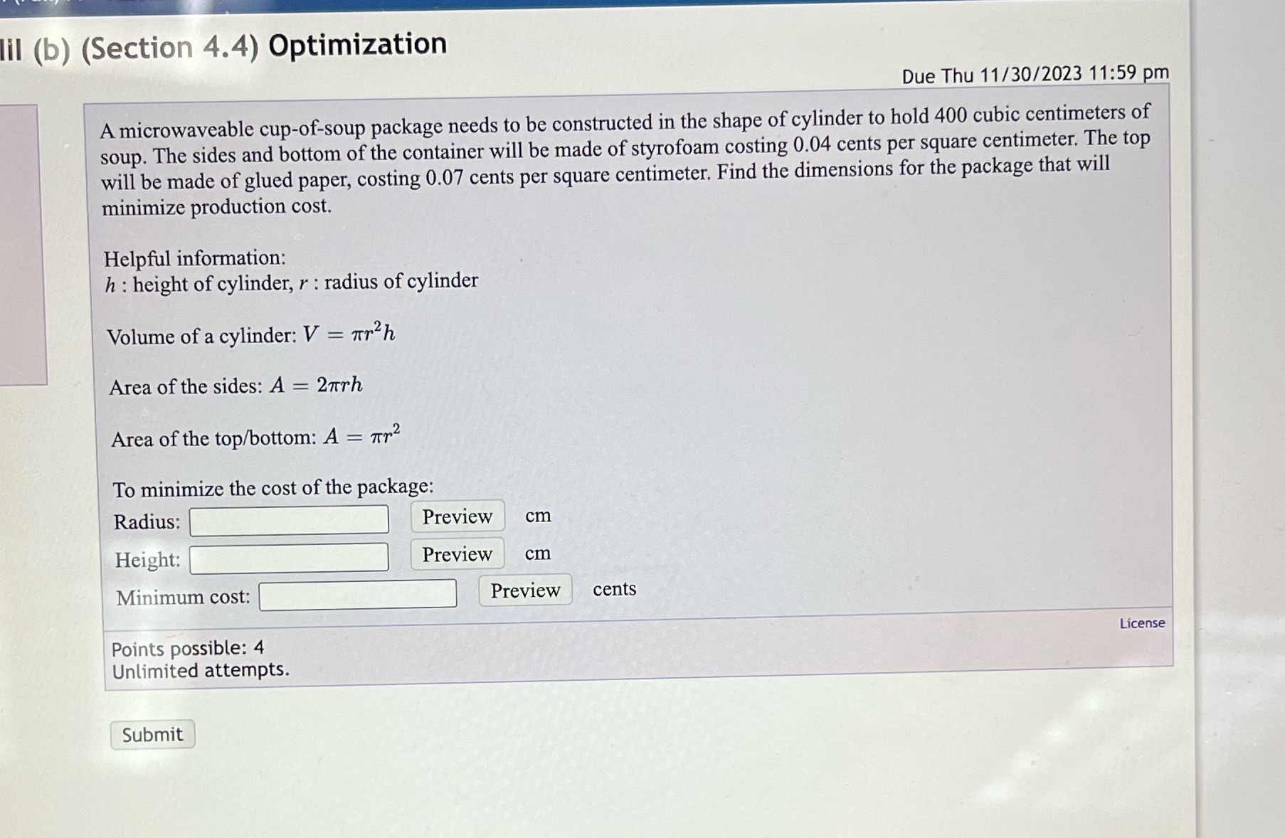 course hero won't let me open pdf) lil (b) (Section 4.4) Optimization