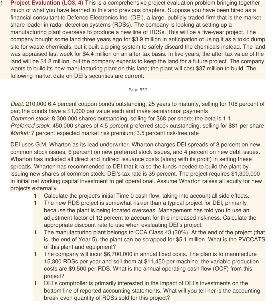 Project Evaluation (L03, 4) This is a comprehensive project evaluation problem