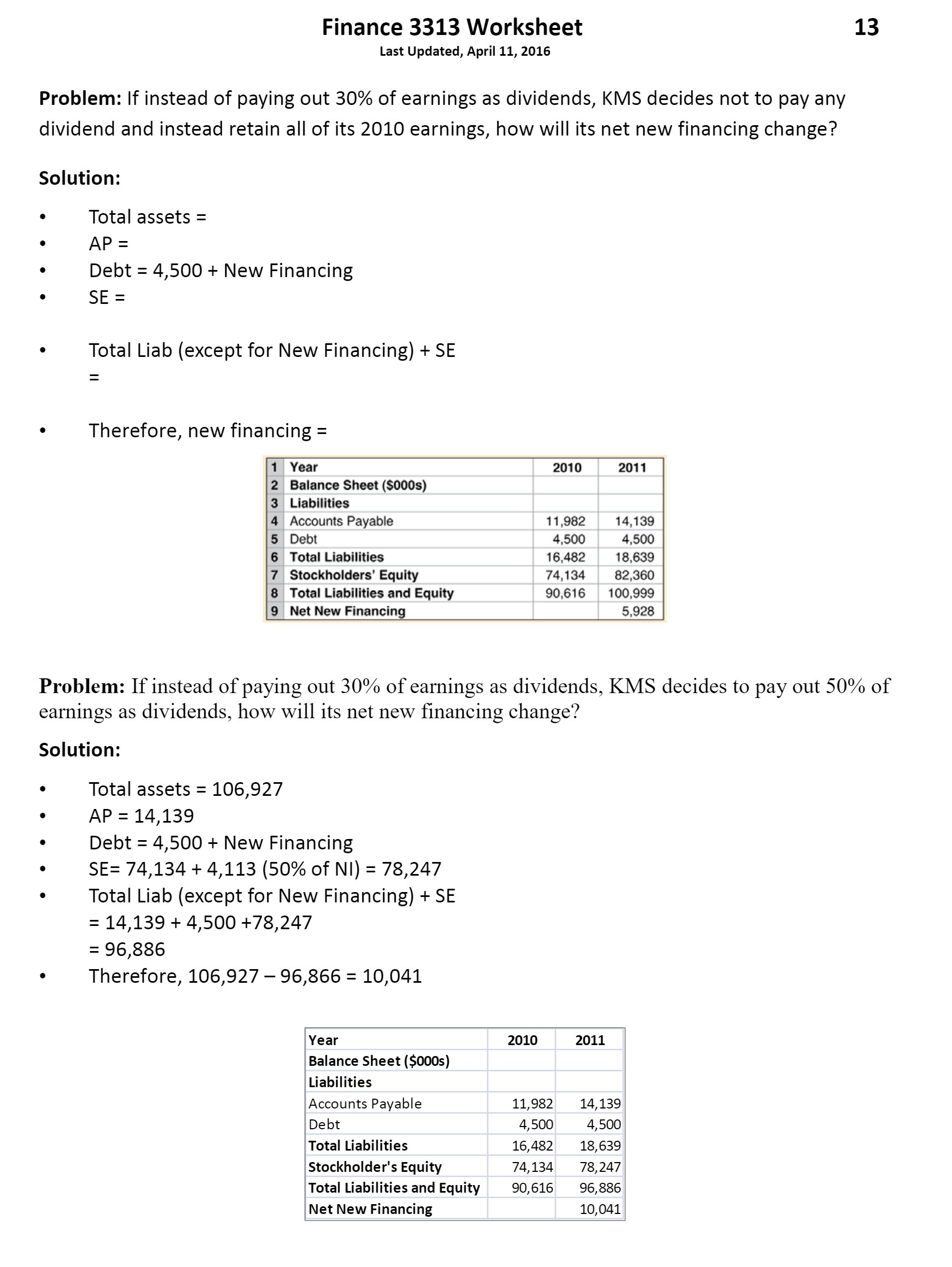 Finance 3313 Worksheet 13 Last Updated, April 11, 2016 Problem: If