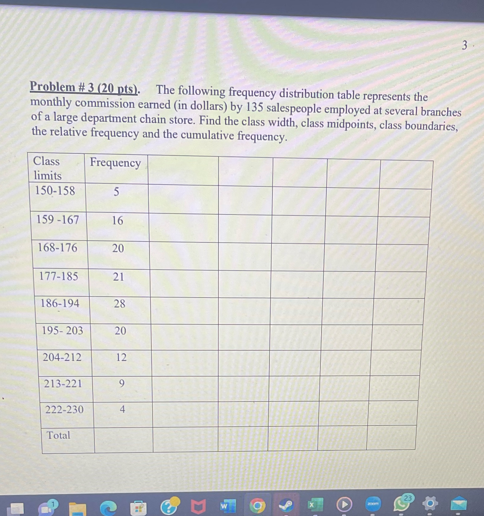 that corresponds to the frequency table of problem # 3(Problem 3 is