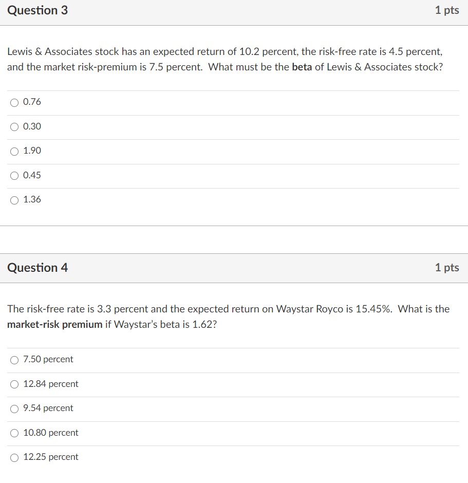 the beta of Lewis & Associates stock? O 0.76 O 0.30 O