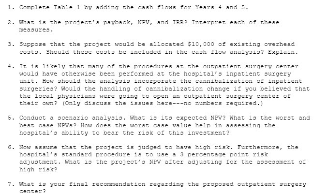  Complete Table l by adding the cash flows for Years 4