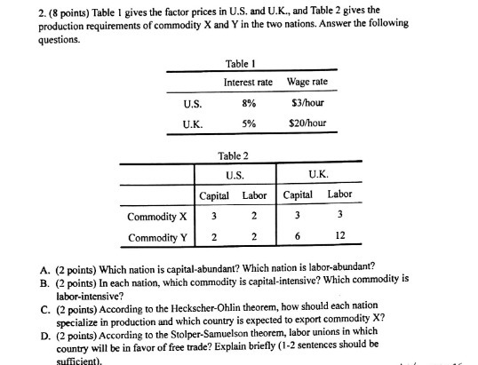 and U.K., and Table 2 gives the production requirements of commodity X