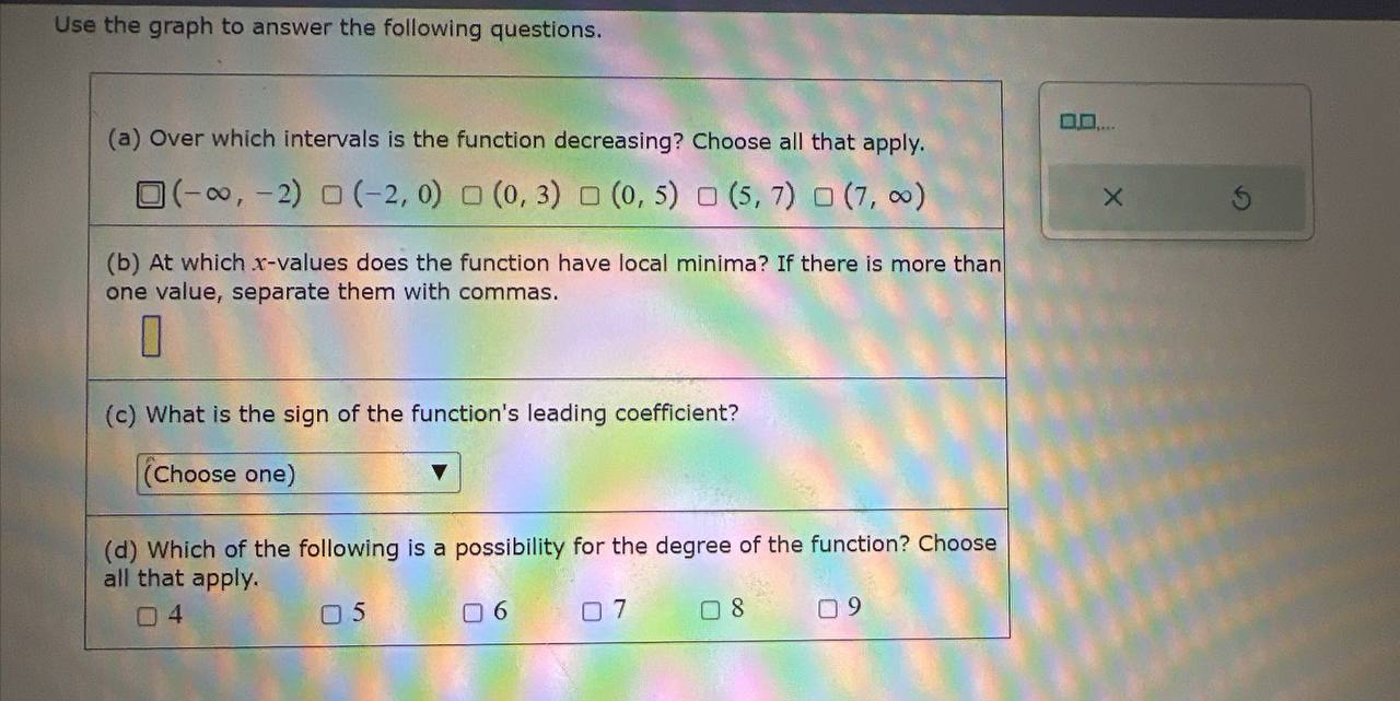 function decreasing? Choose all that apply. (-2, 0) (0, 3) (0, 5)
