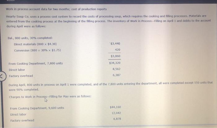  Work in process account data for two months; cost of production