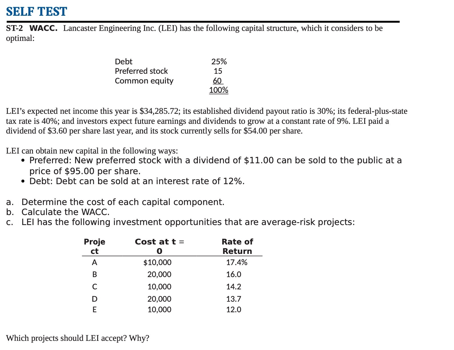 SELF TEST ST2 WACC. Lancaster Engineering Inc. (LEI) has the following