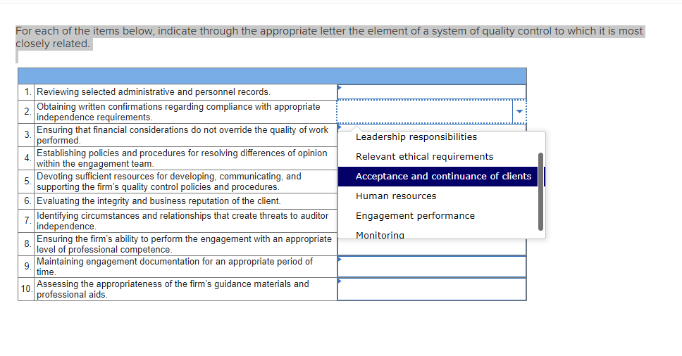 For each of the items below, indicate through the appropriate letter