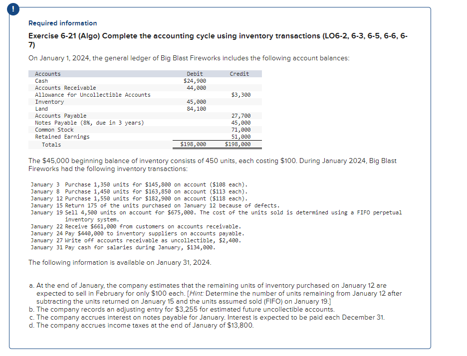  Required information Exercise 6-21 (Algo) Complete the accounting cycle using inventory