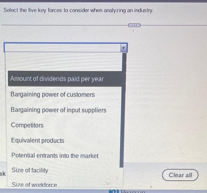  Select the five key forces to consider when analyzing an industry.