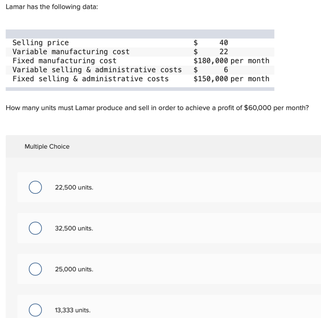  Lamar has the following data: Selling price $ 40 Variable manufacturing