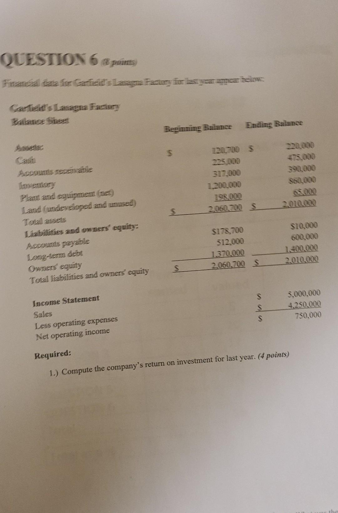  6 points) Financial data for Garfield's Lasagna Factury for last year