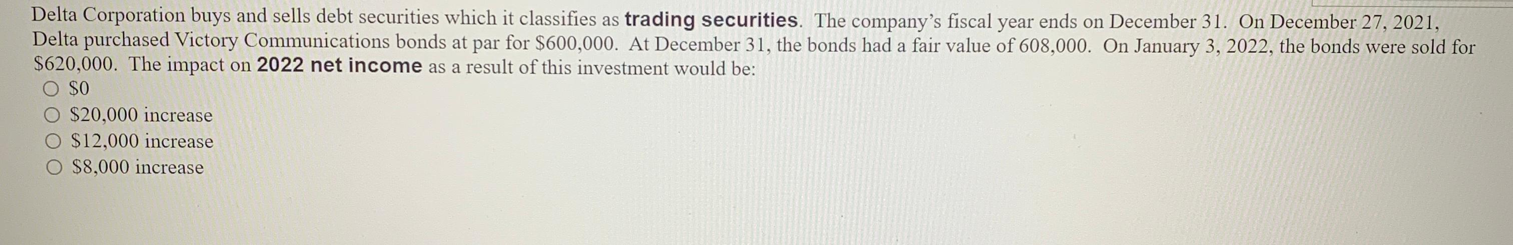  Delta Corporation buys and sells debt securities which it classifies as