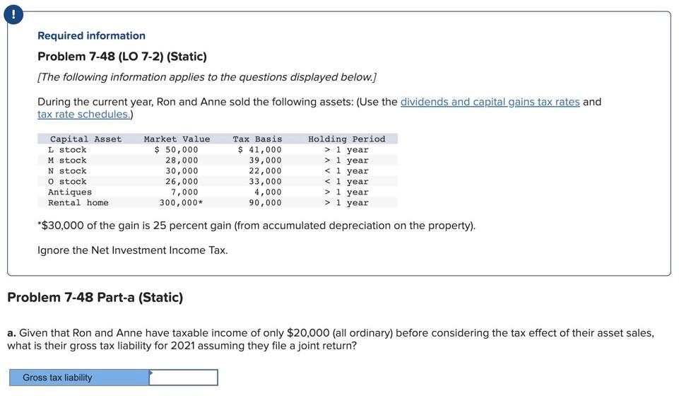 Required information Problem 7-48 (LO 7-2) (Static) [The following information applies