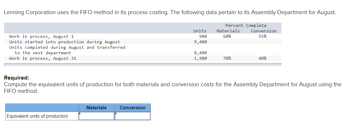 Lenning Corporation uses the FIFO method in its process costing. The
