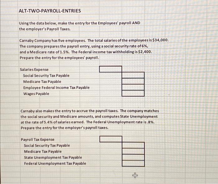 ALT-TWO-PAYROLL-ENTRIES Using the data below, make the entry for the Employees'