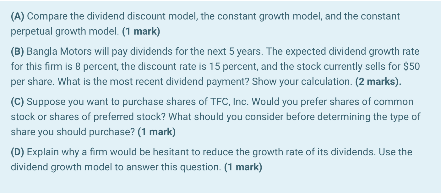 discount model, the constant growth model, and the constant perpetual growth model.