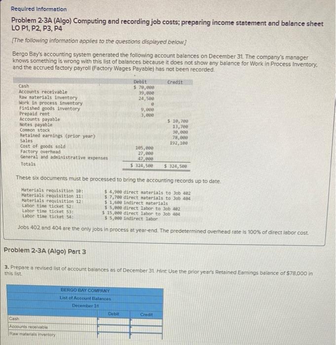  Required Information Problem 2-3A (Algo) Computing and recording job costs; preparing