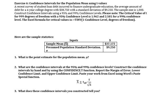 Exercise 6: Confidence Intervals for the Population Mean using t-values A