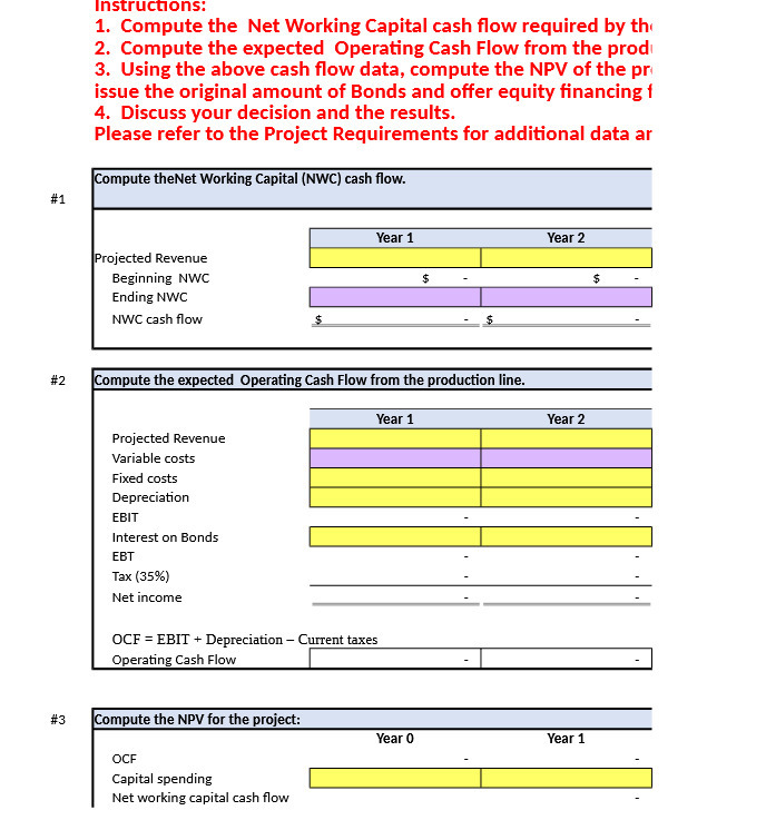 Instructions: 1. Compute the Net Working Capital cash flow required by
