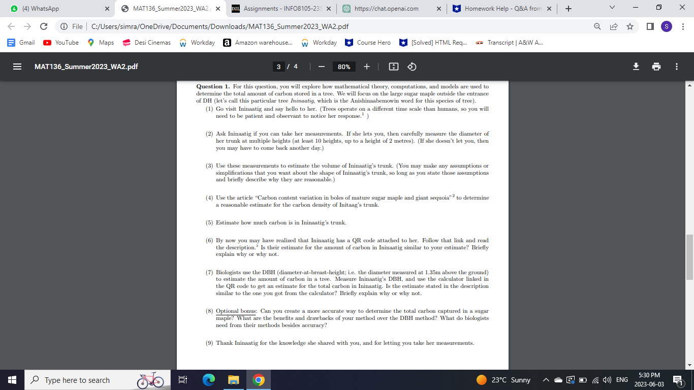 volume and discussion of any assumptions and/or simplifications made. 0.5 points for