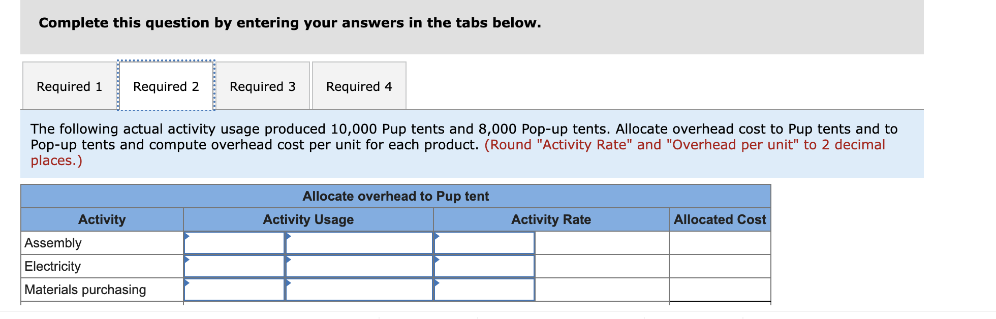 Pup tents and Pop-up tents. The company budgets $348,000 of overhead cost