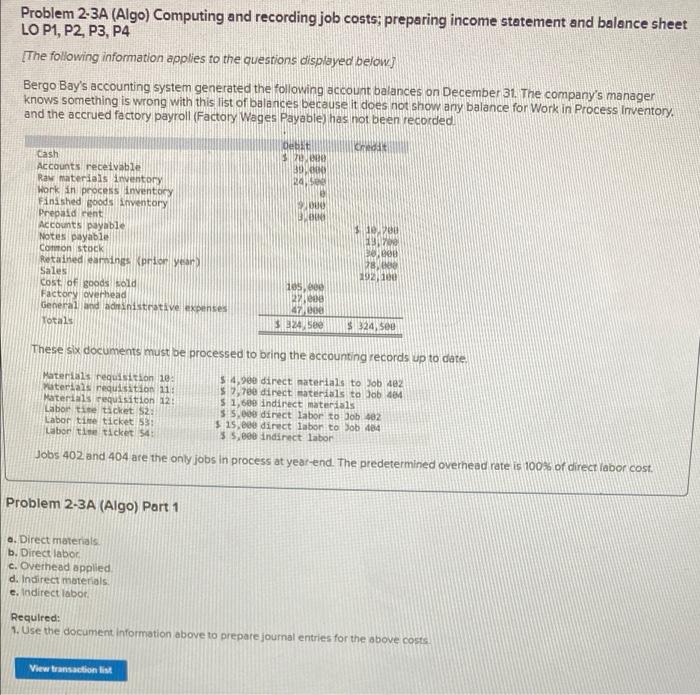 2-3A (Algo) Computing and recording job costs; preparing income statement and