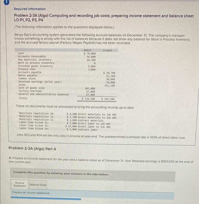  Required Information Problem 2-3A (Algo) Computing and recording job costs; preparing