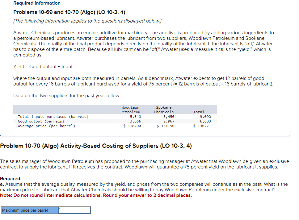  Required information Problems 10-69 and 10-70 (Algo) (LO 10-3, 4) [The