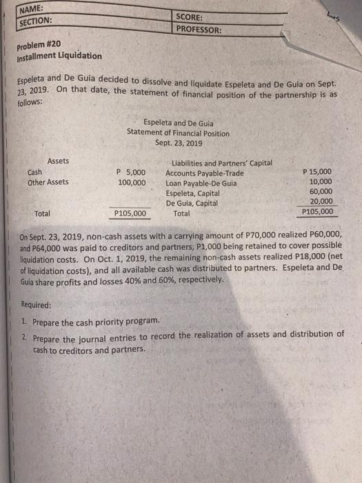 NAME: SECTION: Problem #20 Installment Liquidation SCORE: PROFESSOR: Espeleta and De