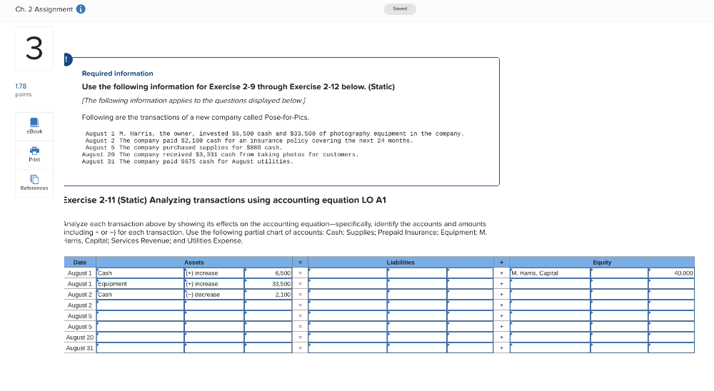  Ch. 2 Assignment 3 Required information Saved 1.78 Use the following