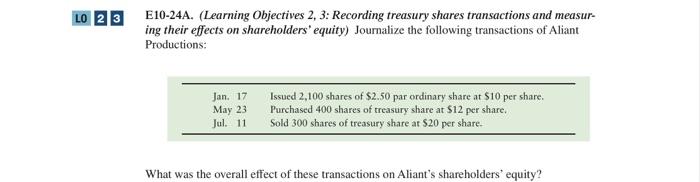 LO 3 E10-24A. (Learning Objectives 2, 3: Recording treasury shares transactions