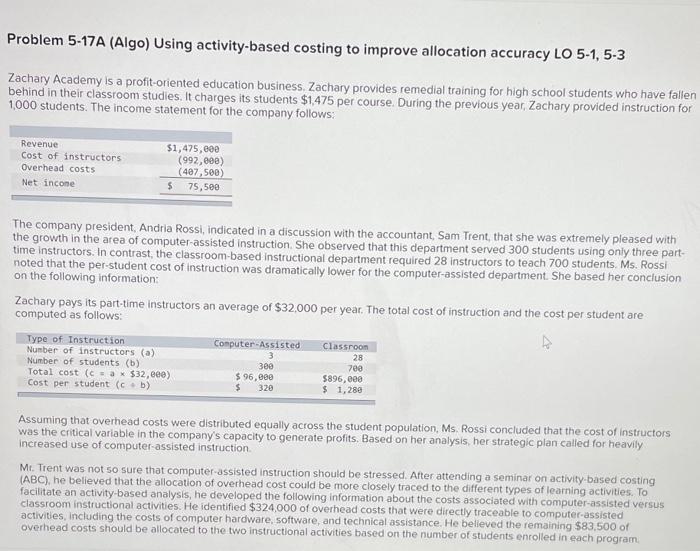  5-17A (Algo) Using activity-based costing to improve allocation accuracy LO 5-1,