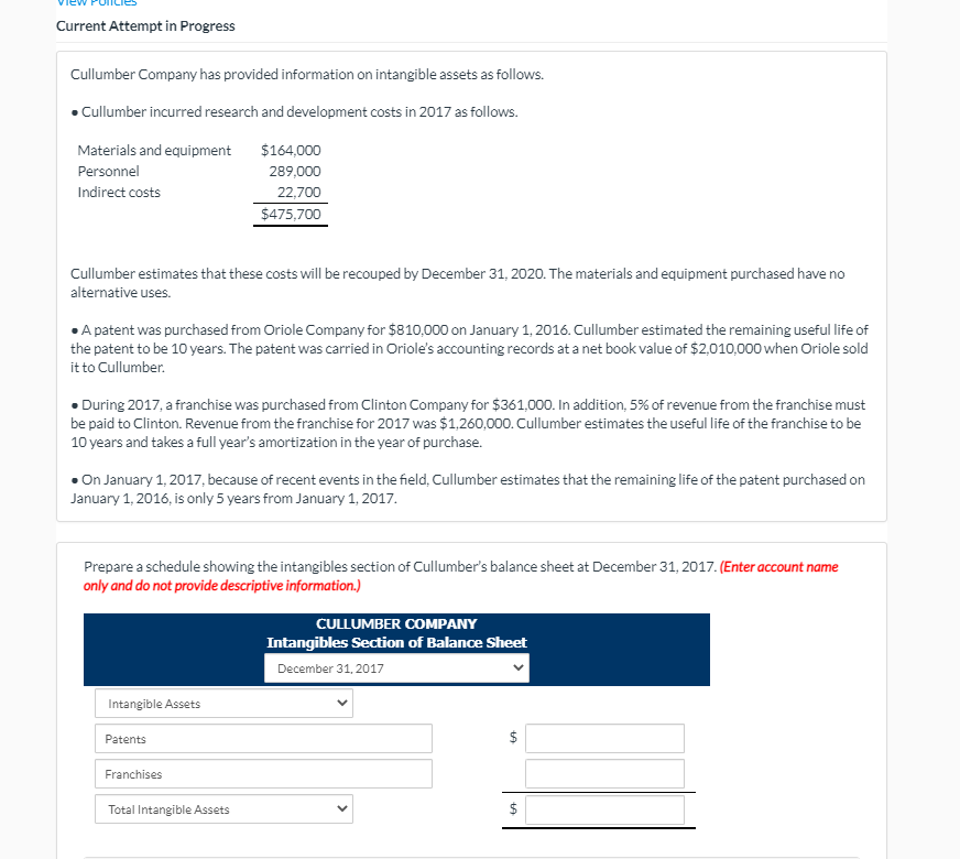 Current Attempt in Progress Cullumber Company has provided information on intangible