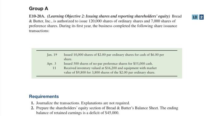 Group A E10-20A. (Learning Objective 2: Issuing shares and reporting shareholders'
