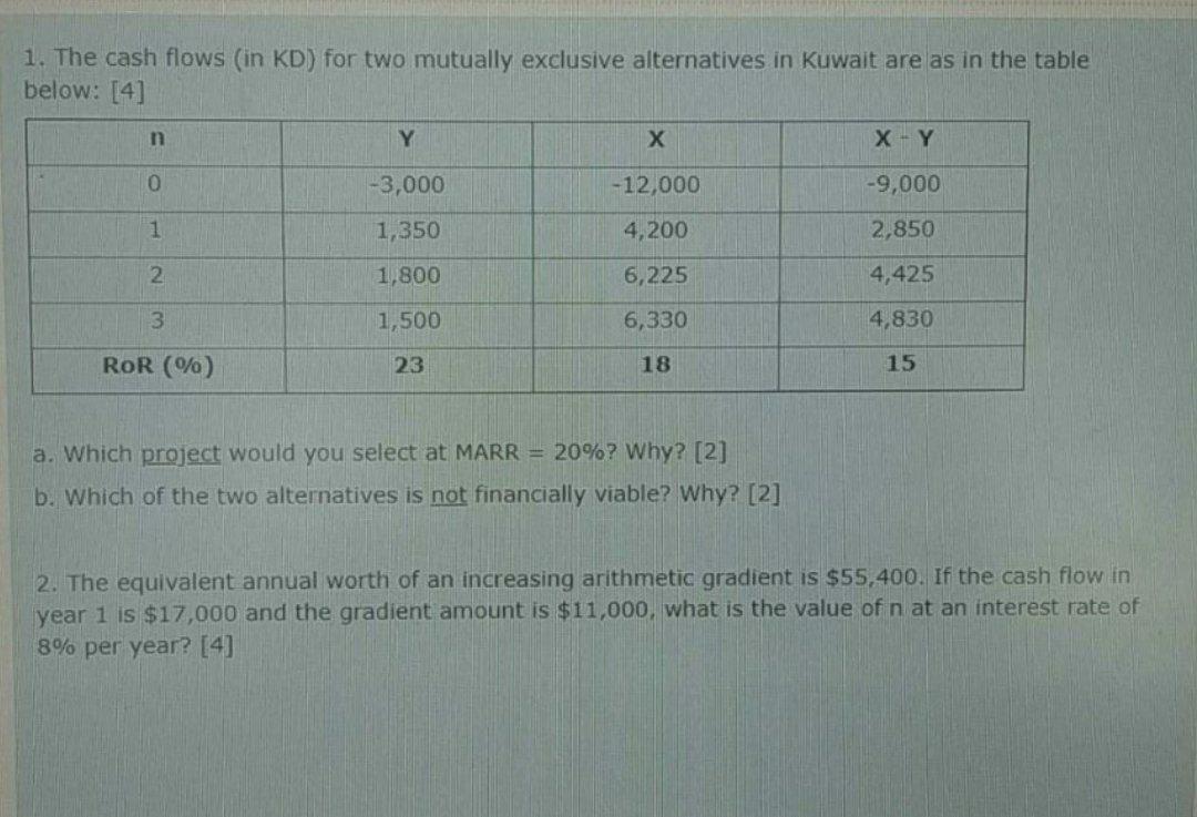  1. The cash flows (in KD) for two mutually exclusive alternatives