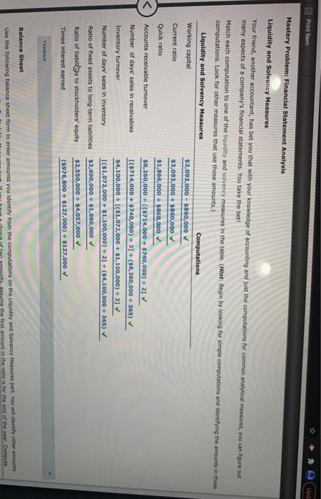  Print Item Mastery Problem: Financial Statement Analysis Liquidity and Solvency Measures