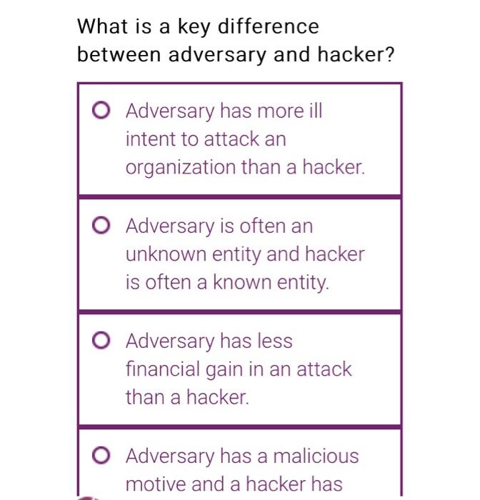  What is a key difference between adversary and hacker? Adversary has