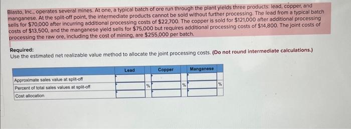  Blasto, Inc., operates several mines. At one, a typical batch of