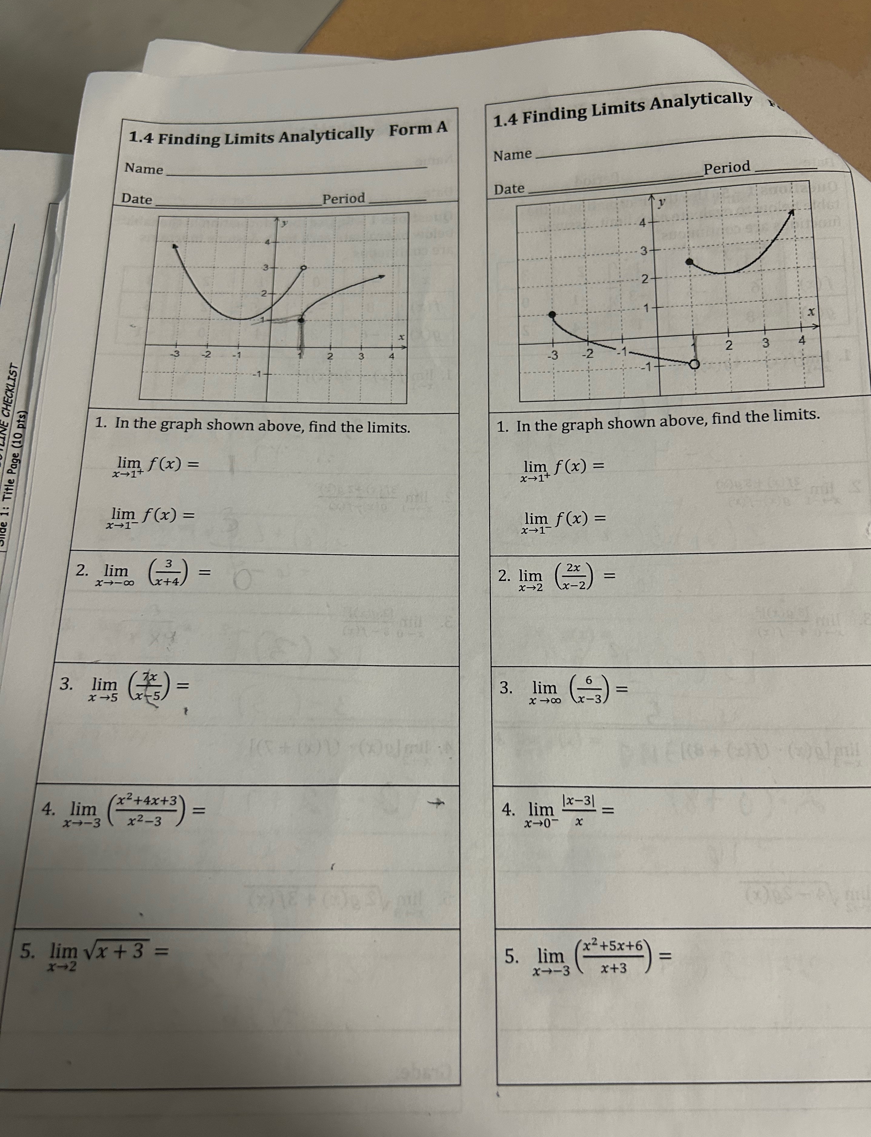 1.4 Finding Limits Analytically Form A Name Name Period Date Period Date