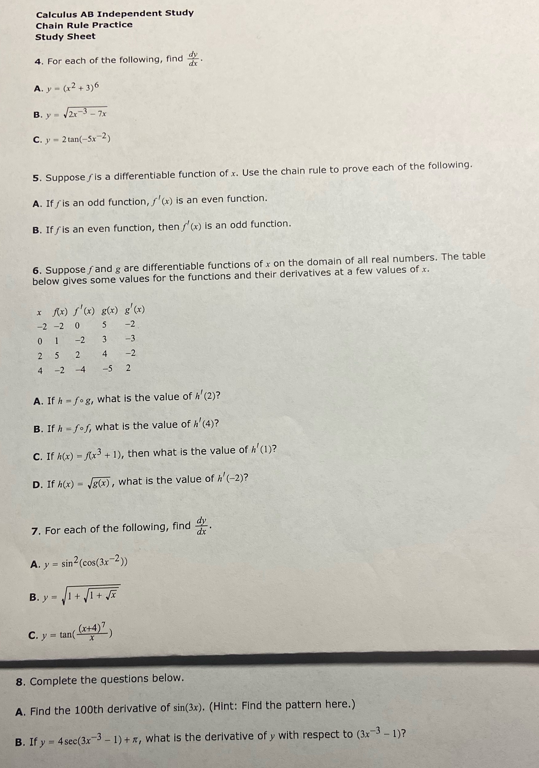  Calculus AB Independent Study Chain Rule Practice Study Sheet 4. For