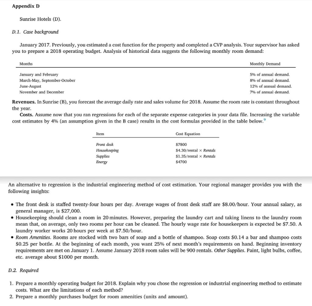  Appendix D Sunrise Hotels (D). D.1. Case background January 2017. Previously,