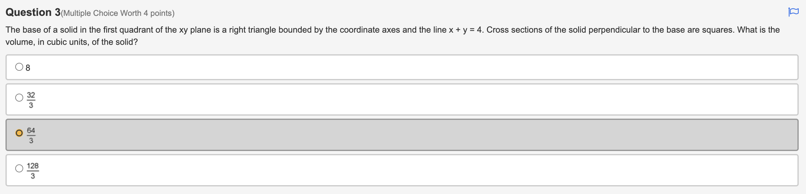 in cubic units of the solid created when the region under the