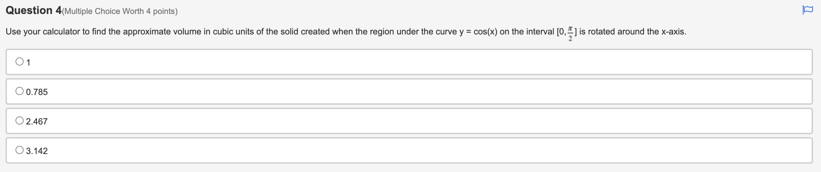 curve y = cos(x) on the interval [0, g] is rotated around