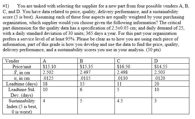  #1) You are tasked with selecting the supplier for a new
