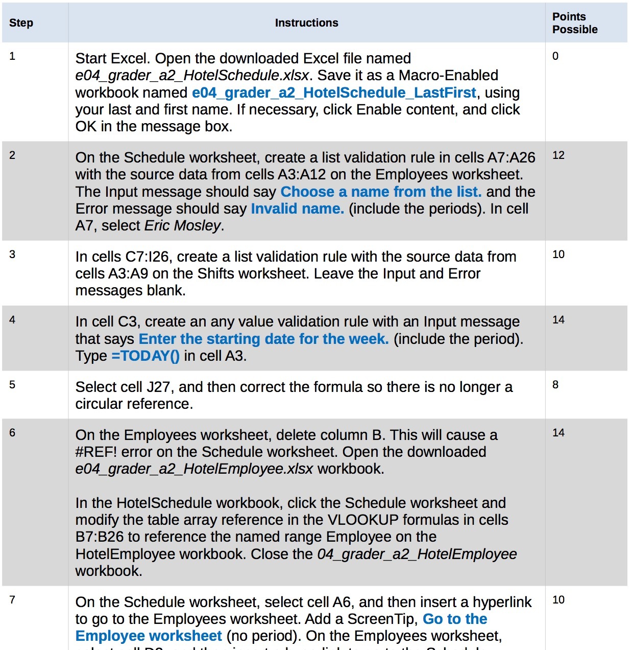 it as a MacroEnabled workbook named e04_grader_a2_HotelScheduIe_LastFirst, using your last and first