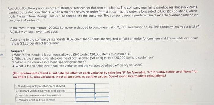  bs Logistics Solutions provides order fulfillment services for dot.com merchants. The